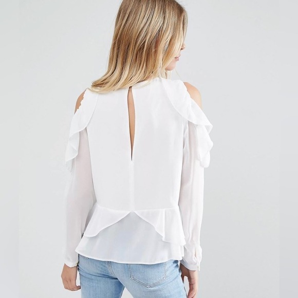Asos White Ruffled Blouse‎ Cold Shoulder Tiered Long Sleeve Gold Buttons Size 10 - Picture 2 of 16